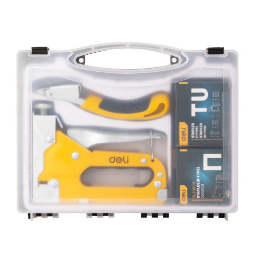 Степлеры, пистолеты, заклепочники Deli Мебельный степлер Deli DL238105 с набором скоб + антистеплер Набор: 2000шт D-тип. 2000шт Т-тип. 2000шт U-тип, 1шт скобоудалитель.