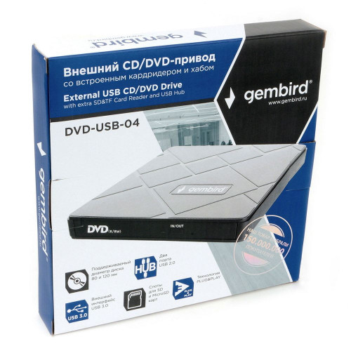 DVD±RW привод Gembird Внешний DVD-привод Gembird DVD-USB-04 USB 3.0 со встроенным кардридером и хабом пластик, черный (271668)