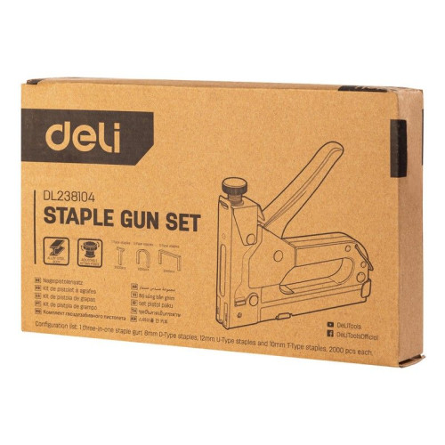 Степлеры, пистолеты, заклепочники Deli Мебельный степлер Deli DL238104 с набором скоб (2000шт D-тип, 2000шт Т-тип, 2000шт U-тип)