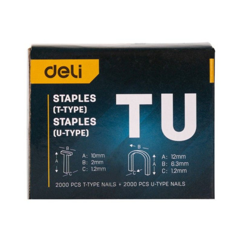 Степлеры, пистолеты, заклепочники Deli Мебельный степлер Deli DL238105 с набором скоб + антистеплер Набор: 2000шт D-тип. 2000шт Т-тип. 2000шт U-тип, 1шт скобоудалитель.