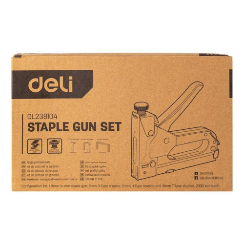 Степлеры, пистолеты, заклепочники Deli Мебельный степлер Deli DL238104 с набором скоб (2000шт D-тип, 2000шт Т-тип, 2000шт U-тип)