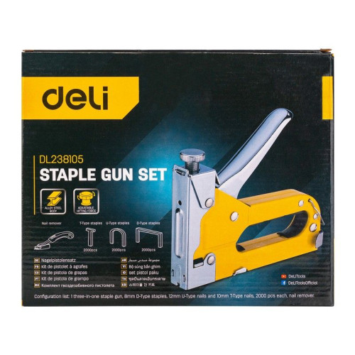 Степлеры, пистолеты, заклепочники Deli Мебельный степлер Deli DL238105 с набором скоб + антистеплер Набор: 2000шт D-тип. 2000шт Т-тип. 2000шт U-тип, 1шт скобоудалитель.