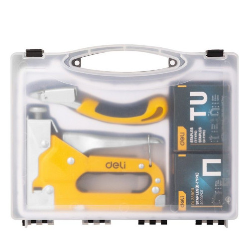 Степлеры, пистолеты, заклепочники Deli Мебельный степлер Deli DL238105 с набором скоб + антистеплер Набор: 2000шт D-тип. 2000шт Т-тип. 2000шт U-тип, 1шт скобоудалитель.