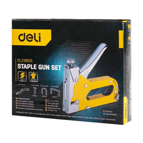 Степлеры, пистолеты, заклепочники Deli Мебельный степлер Deli DL238105 с набором скоб + антистеплер Набор: 2000шт D-тип. 2000шт Т-тип. 2000шт U-тип, 1шт скобоудалитель.