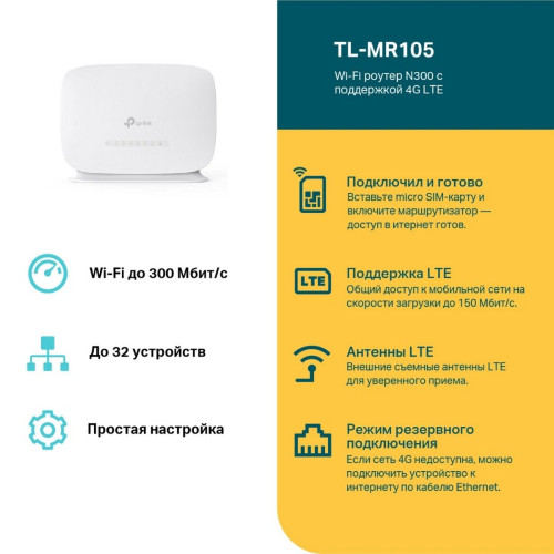 N300 Wi-Fi Роутер с поддержкой 4G LTE Встроенный модем 4G LTE до 150 Мбит/с СКОРОСТЬ: Wi-Fi: до 300 Мбит/с (2,4 ГГц), 4G категории 4: входящая скорость — до 150 Мбит/с, исходящая скорость — до 50 Мбит/с ХАРАКТЕРИСТИКИ: внутренние антенны, 1 порт LAN 100 М